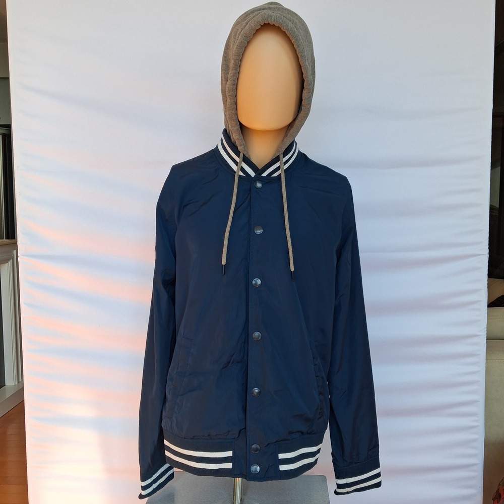 Hollister Navy Blue Varsity Bomber Jacket with Grey Hood Striped Trim Snap Front